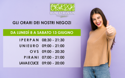 Opening hours of the La Plaia Cagliari shops from 8 to 13 June 2020